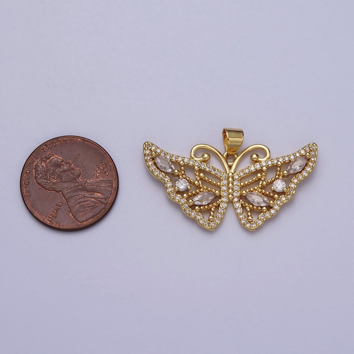 24K Gold Filled Butterfly Wings Beaded Marquise Micro Paved CZ Pendant H-401 - DLUXCA