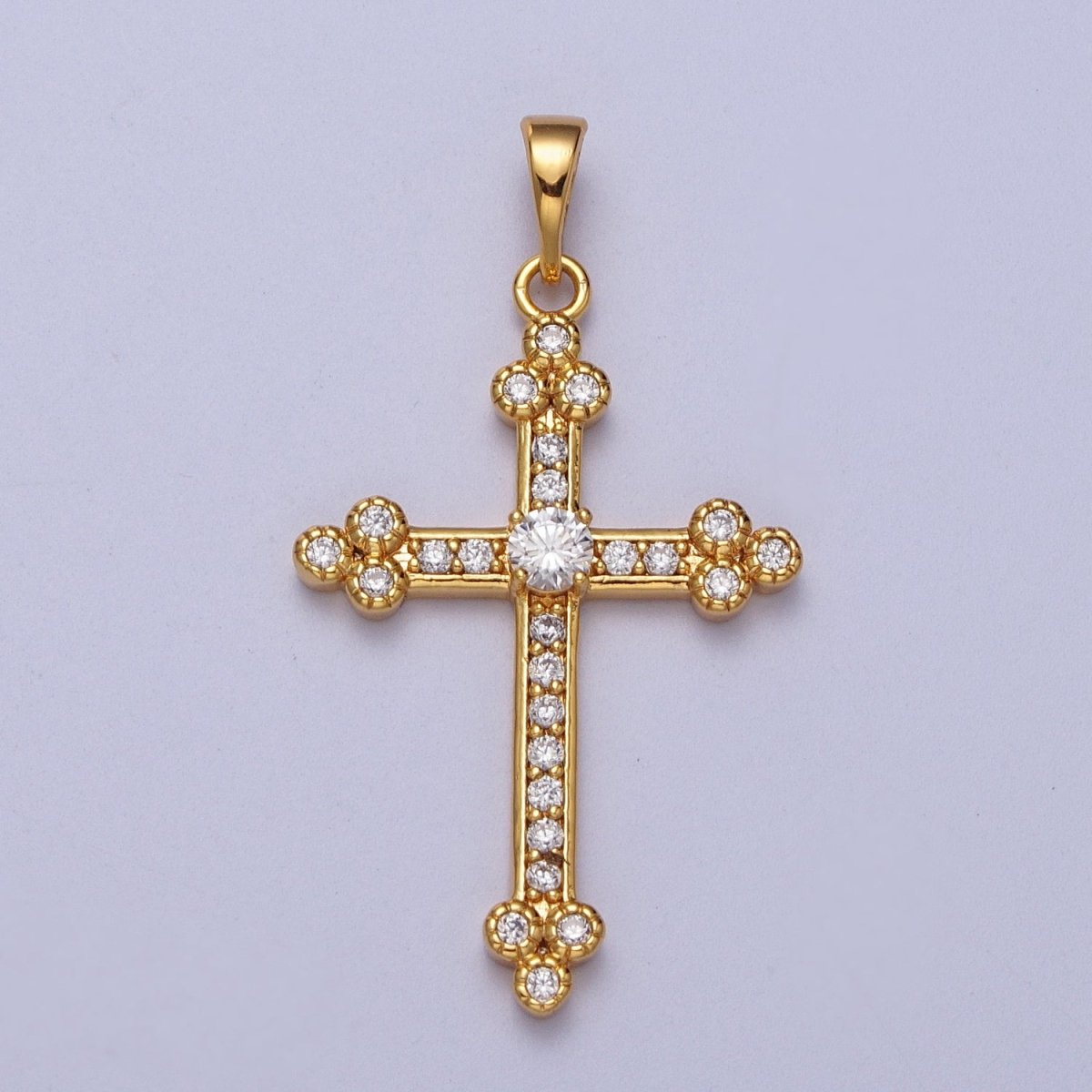 24K Gold Filled Buttony Cross Micro Paved Clear CZ Religious Pendant H-456 - DLUXCA