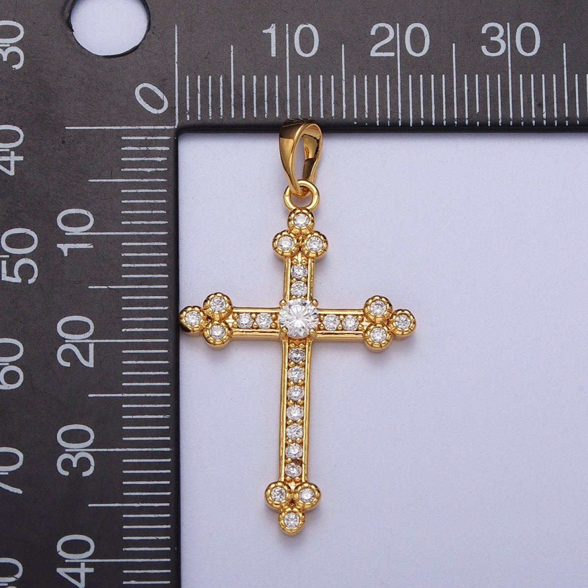 24K Gold Filled Buttony Cross Micro Paved Clear CZ Religious Pendant H-456 - DLUXCA