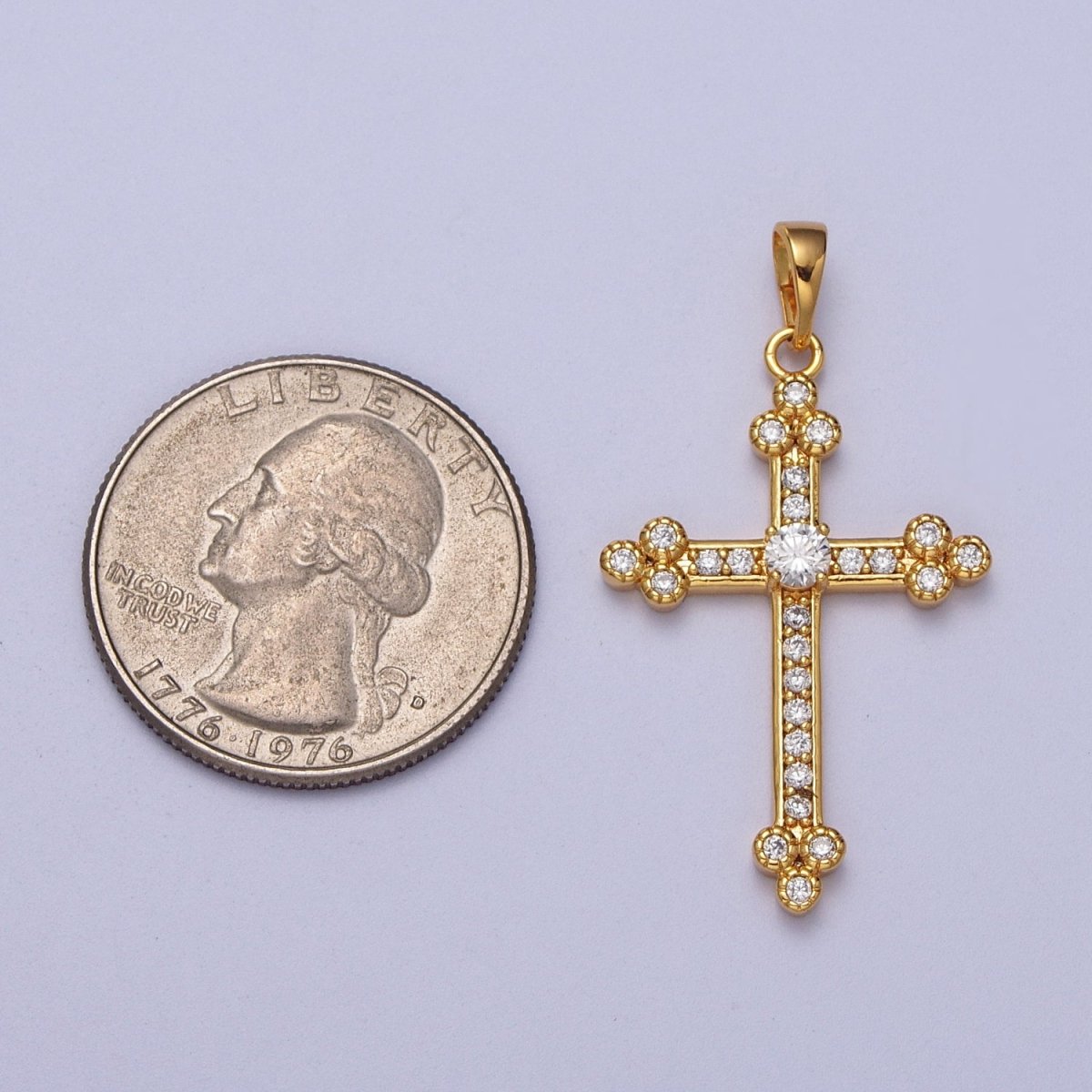 24K Gold Filled Buttony Cross Micro Paved Clear CZ Religious Pendant H-456 - DLUXCA