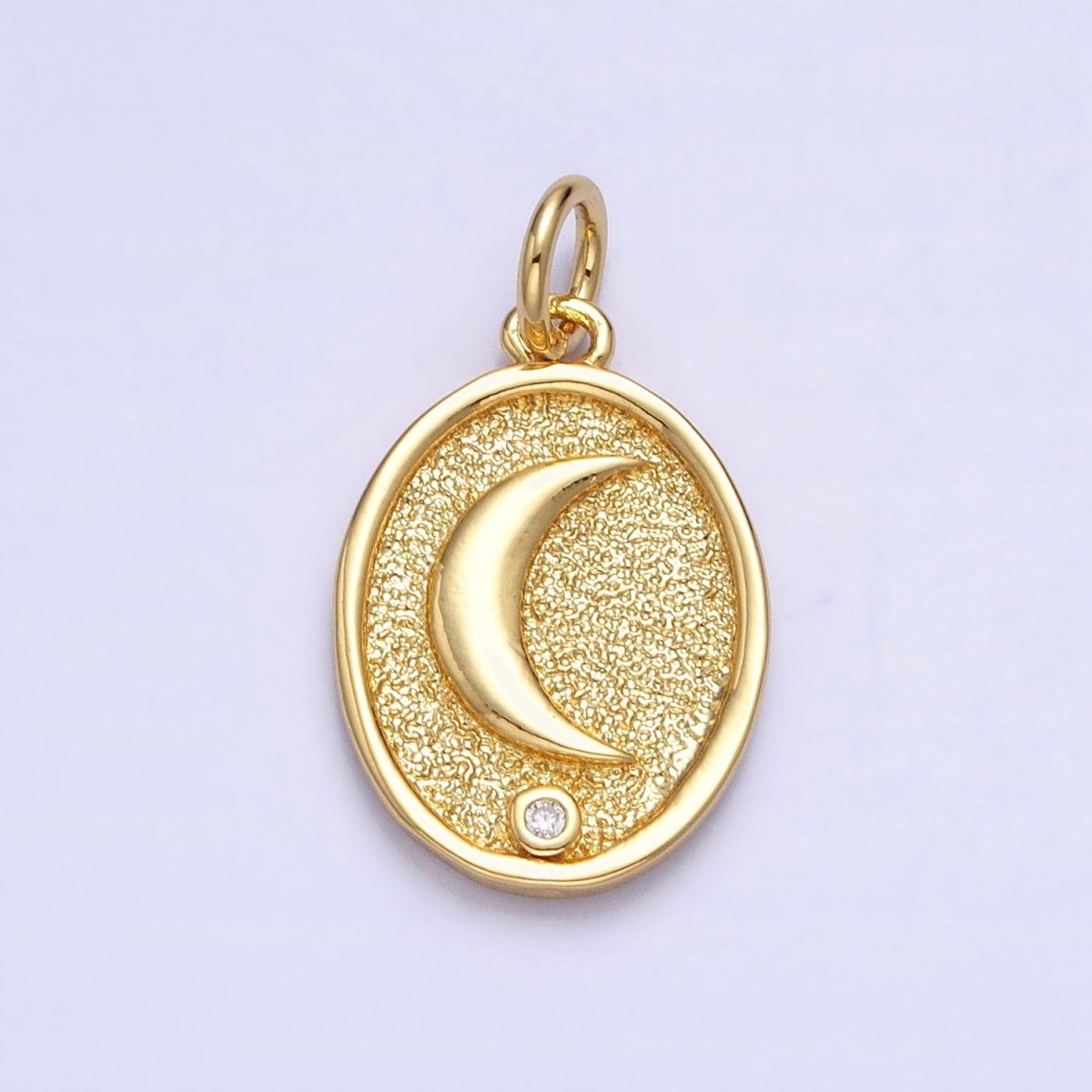 24K Gold Filled Celestial Crescent Moon CZ Textured Oval Charm | AC449 - DLUXCA