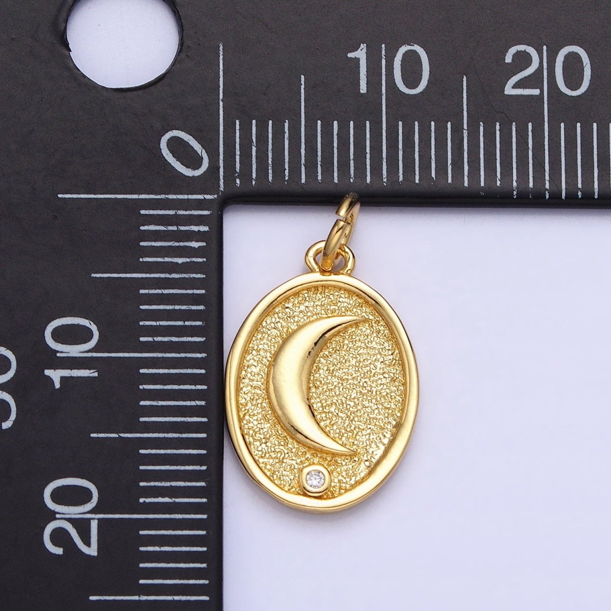 24K Gold Filled Celestial Crescent Moon CZ Textured Oval Charm | AC449 - DLUXCA