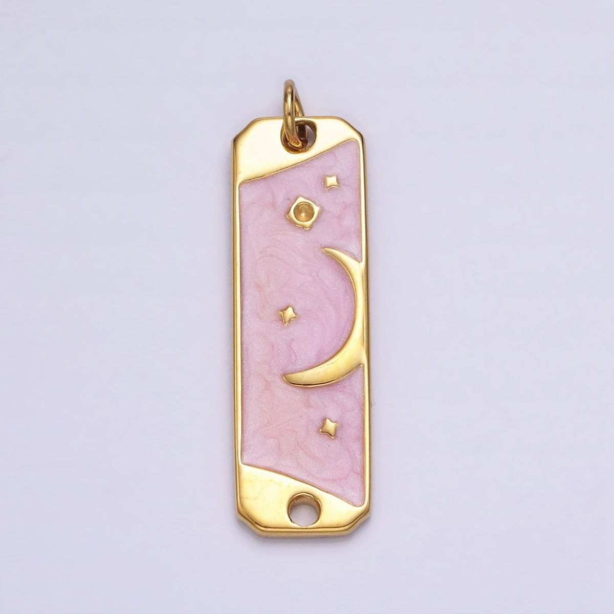 24K Gold Filled Celestial Crescent Moon Stars White, Pink Sparkly Enamel Tag Bar Double Loop Charm in Gold & Silver | AC577 - AC580 - DLUXCA