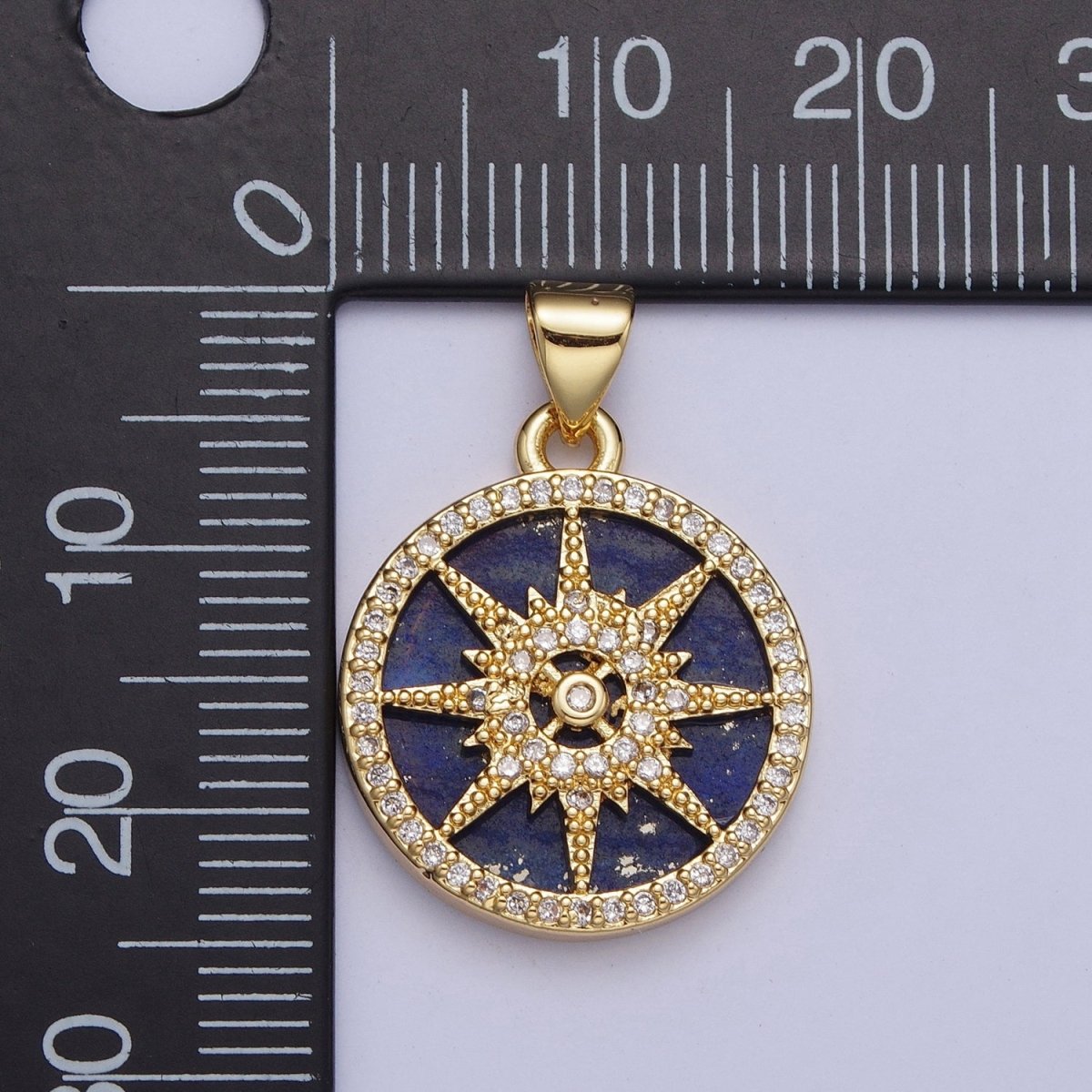 24K Gold Filled Celestial Eight Pointed Star Compass Blue Lapiz Micro Pave CZ Bezel Round Medallion Pendant, X-429 - DLUXCA