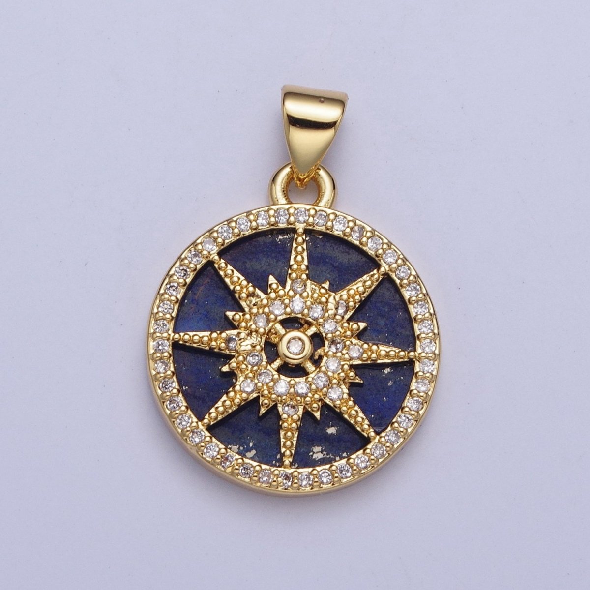 24K Gold Filled Celestial Eight Pointed Star Compass Blue Lapiz Micro Pave CZ Bezel Round Medallion Pendant, X-429 - DLUXCA