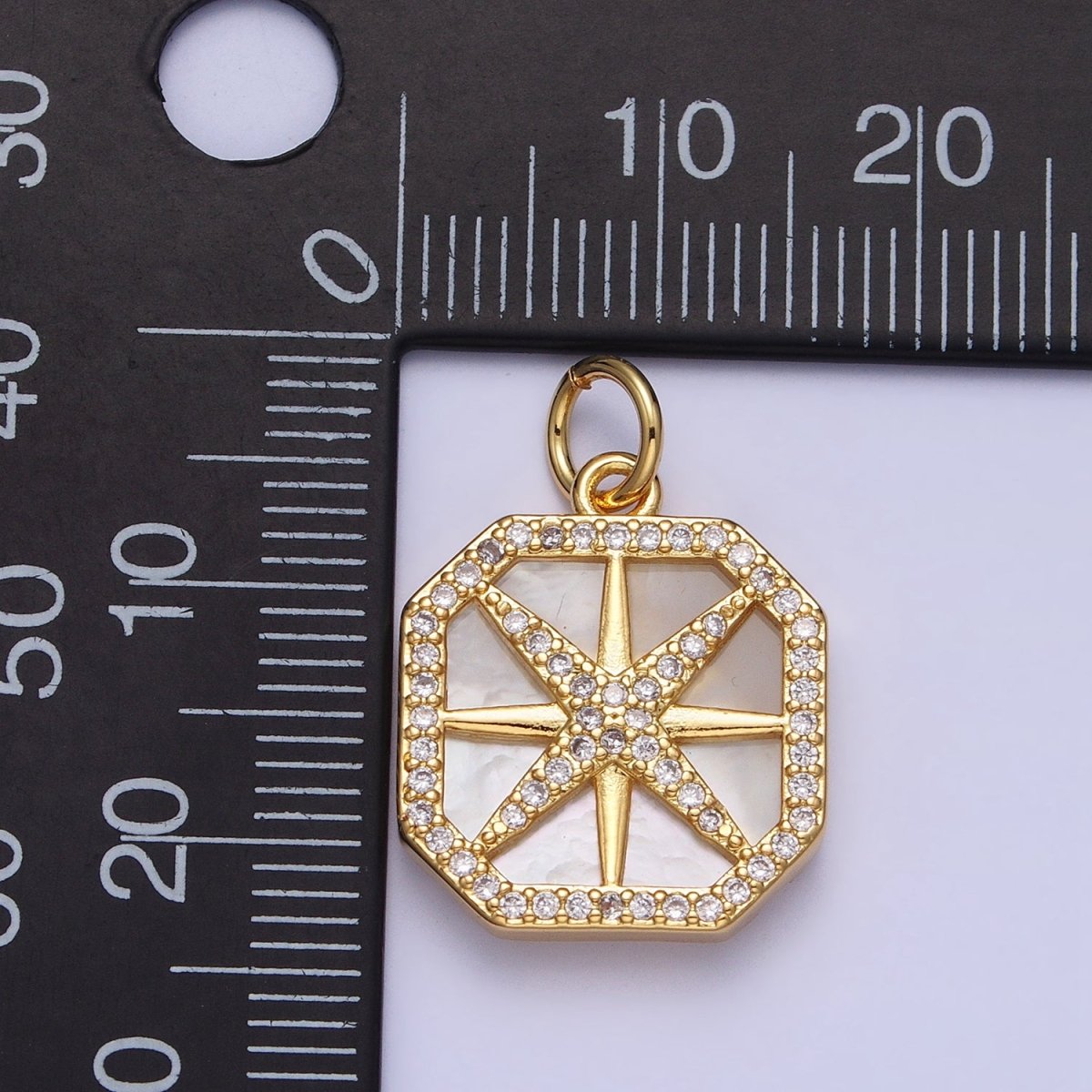 24K Gold Filled Celestial Northern Star Pearl Clear Micro Paved CZ Hexagonal Charm | AC361 - DLUXCA