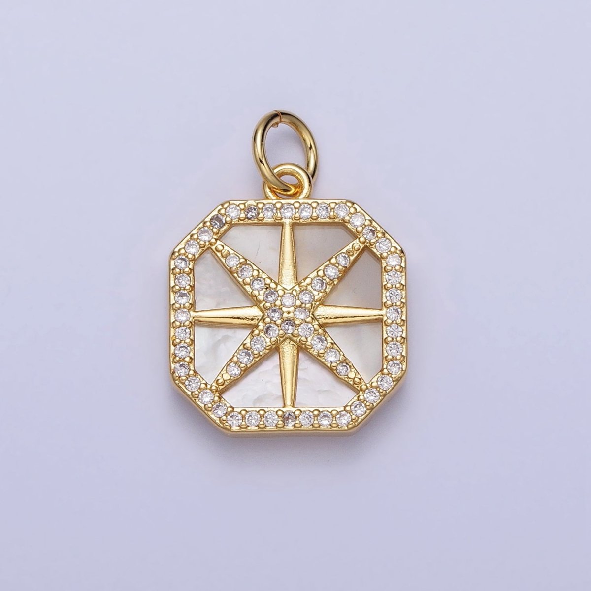 24K Gold Filled Celestial Northern Star Pearl Clear Micro Paved CZ Hexagonal Charm | AC361 - DLUXCA