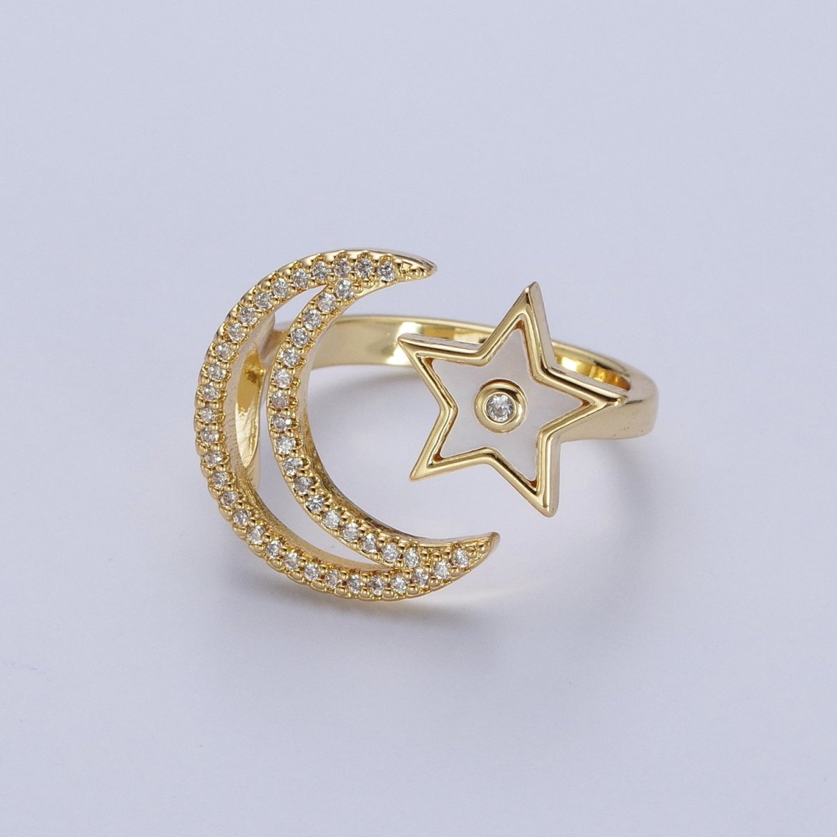 24K Gold Filled Celestial Open Ring, Micro Pave Crescent Moon & Shell Star Adjustable Ring | S-239 - DLUXCA