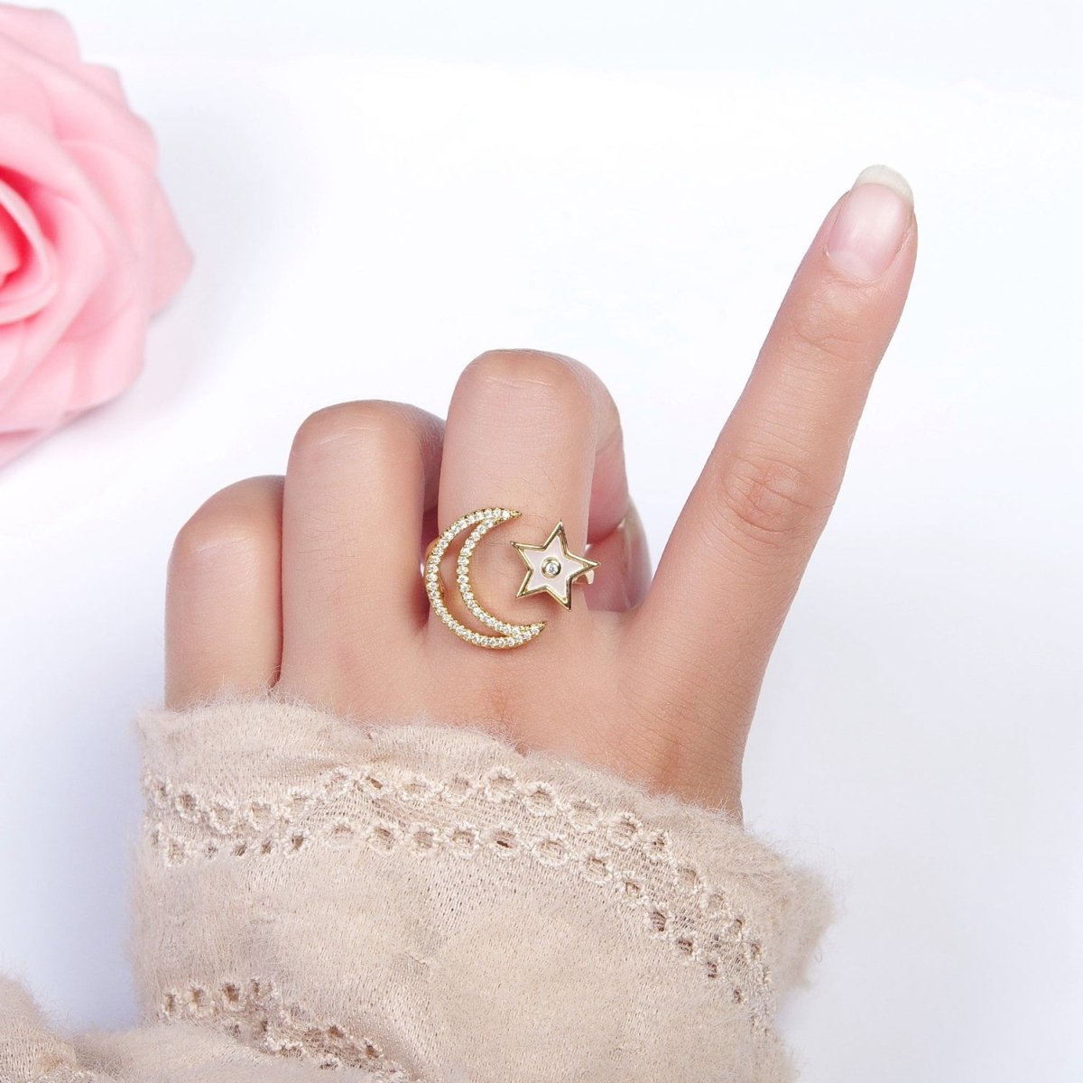 24K Gold Filled Celestial Open Ring, Micro Pave Crescent Moon & Shell Star Adjustable Ring | S-239 - DLUXCA