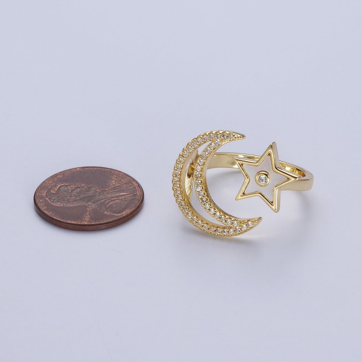 24K Gold Filled Celestial Open Ring, Micro Pave Crescent Moon & Shell Star Adjustable Ring | S-239 - DLUXCA