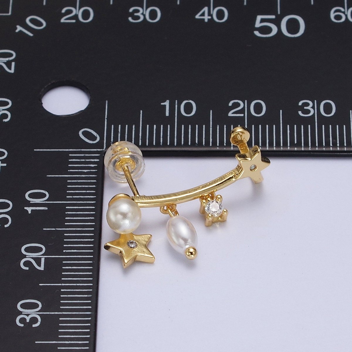 24K Gold-Filled Celestial Star Pearl CZ Dangle Ear Climber Earrings | AB004 - DLUXCA