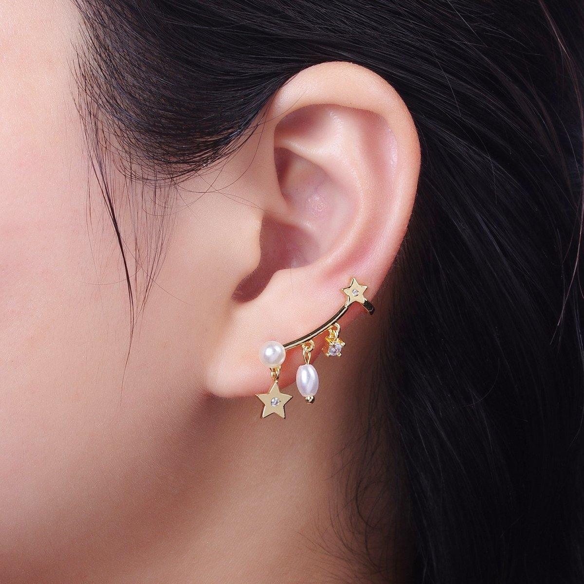 24K Gold-Filled Celestial Star Pearl CZ Dangle Ear Climber Earrings | AB004 - DLUXCA