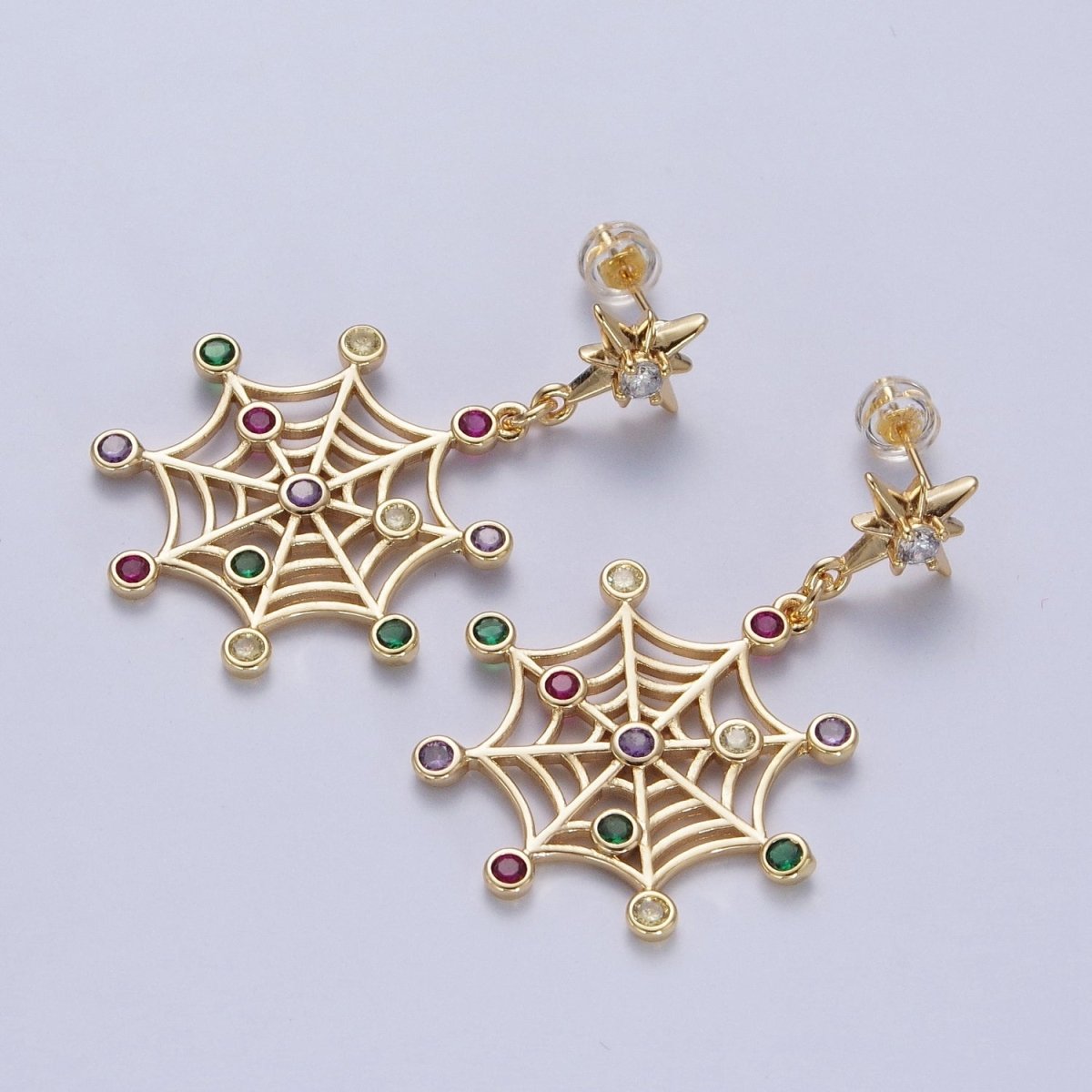 24K Gold Filled Celestial Star Stud with Multicolor Round Cubic Zirconia CZ Spiderweb Dangle Earrings | X-820 - DLUXCA