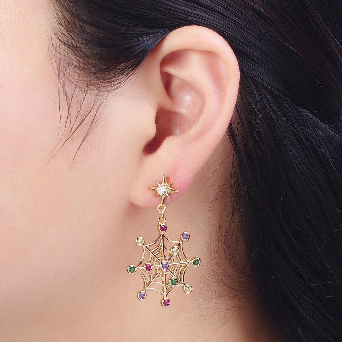 24K Gold Filled Celestial Star Stud with Multicolor Round Cubic Zirconia CZ Spiderweb Dangle Earrings | X-820 - DLUXCA