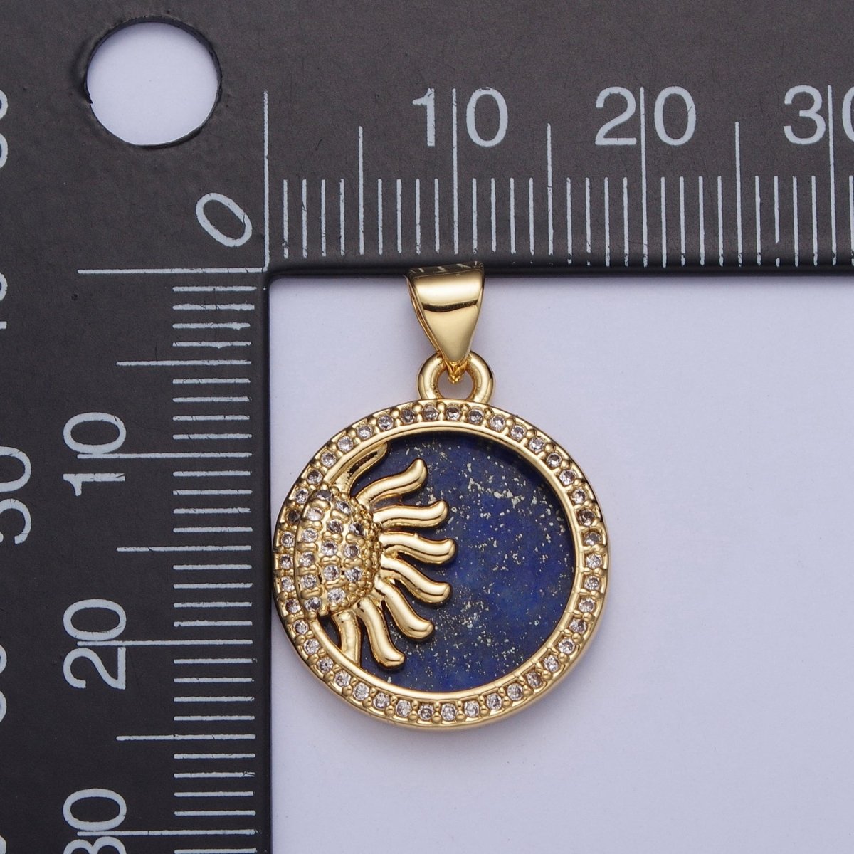 24K Gold Filled Celestial Sun Blue Lapiz Micro Pave Bezel Round Medallion Pendant, X-428 - DLUXCA