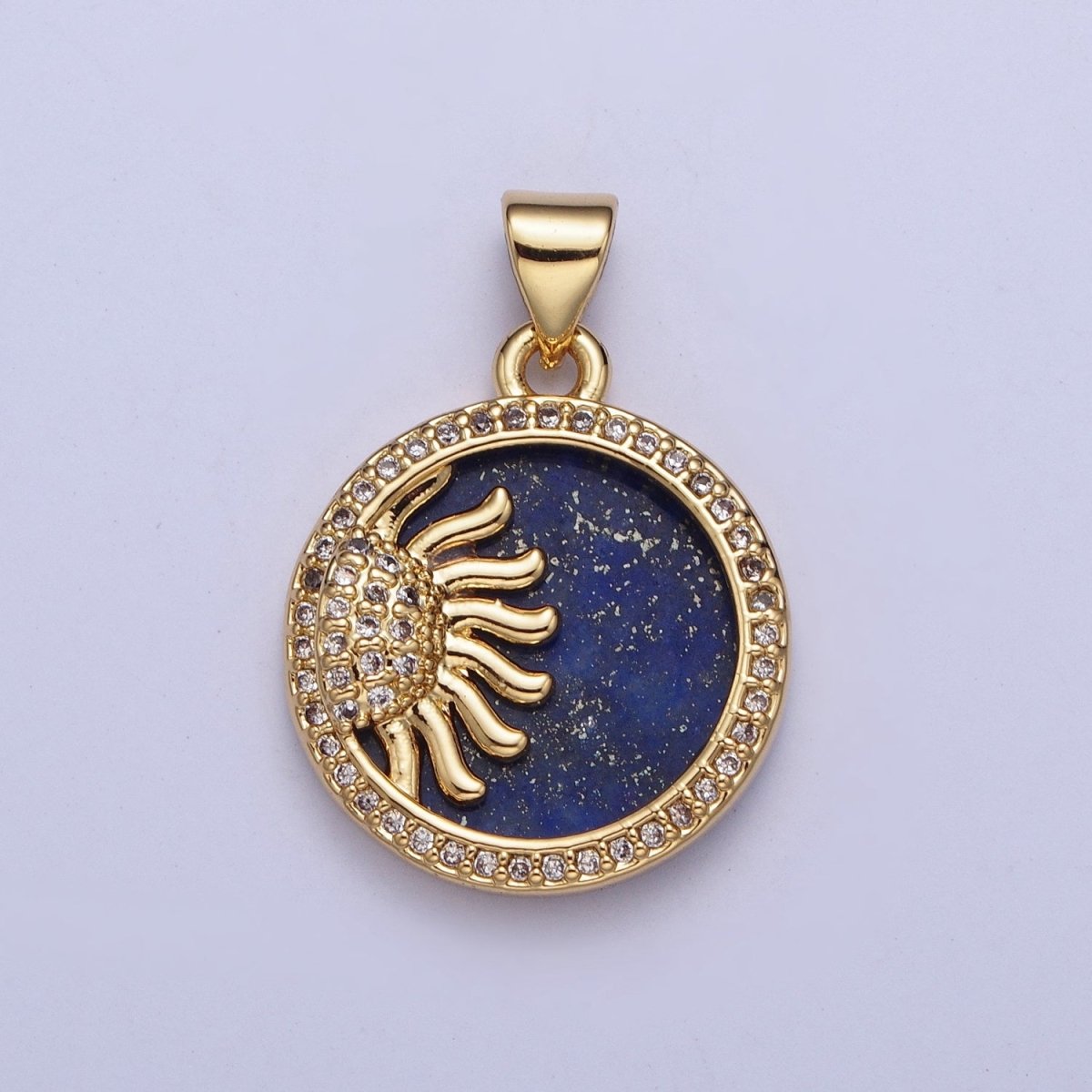 24K Gold Filled Celestial Sun Blue Lapiz Micro Pave Bezel Round Medallion Pendant, X-428 - DLUXCA