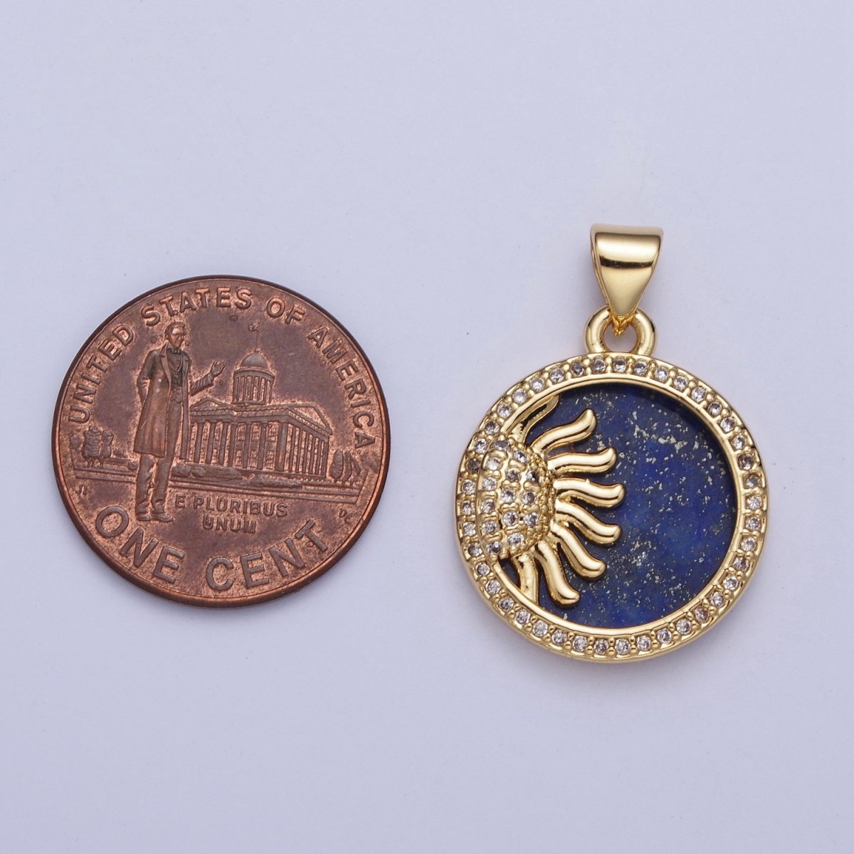 24K Gold Filled Celestial Sun Blue Lapiz Micro Pave Bezel Round Medallion Pendant, X-428 - DLUXCA