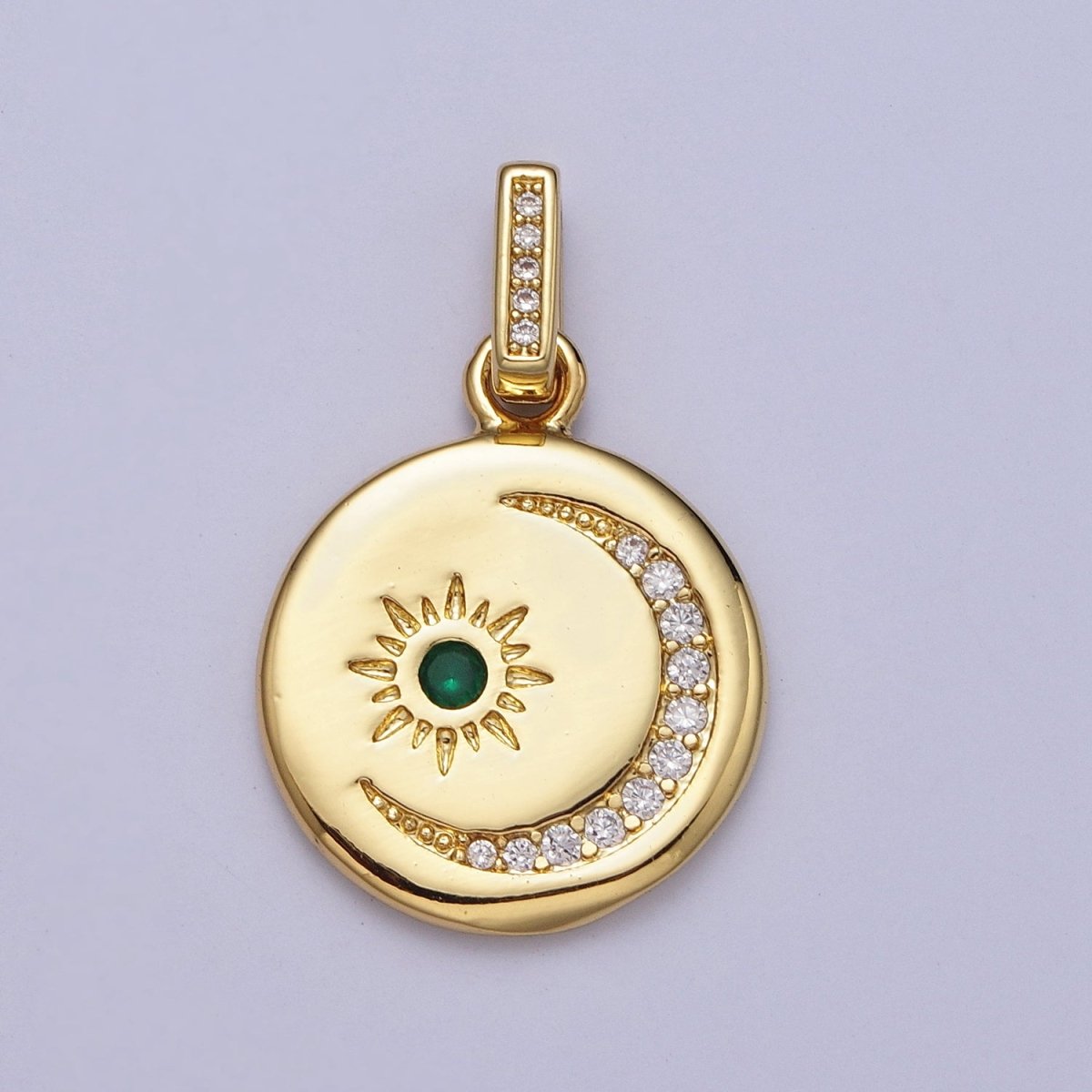 24K Gold Filled Celestial Sun Crescent Moon Micro Paved CZ Round Pendant H-353 - DLUXCA