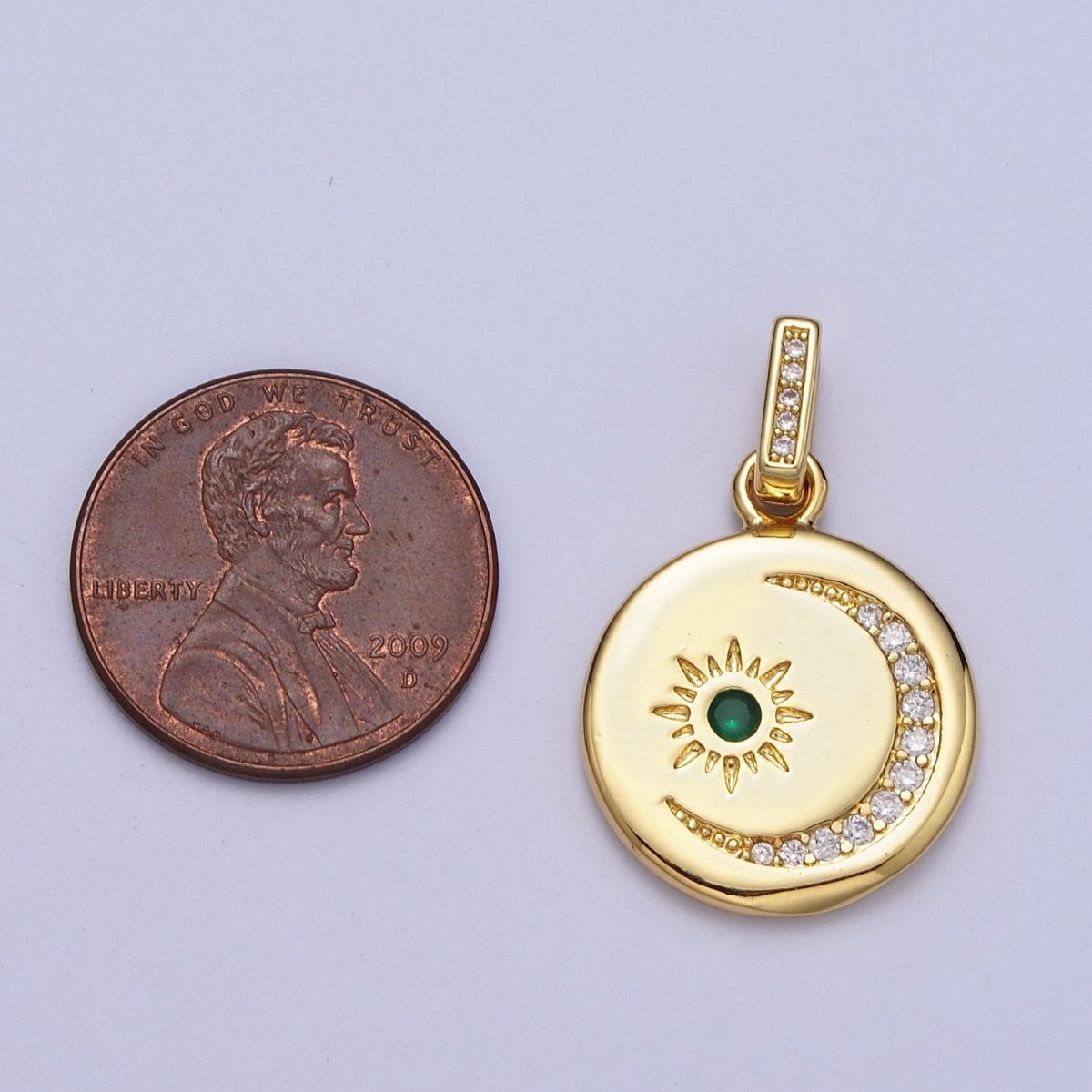 24K Gold Filled Celestial Sun Crescent Moon Micro Paved CZ Round Pendant H-353 - DLUXCA