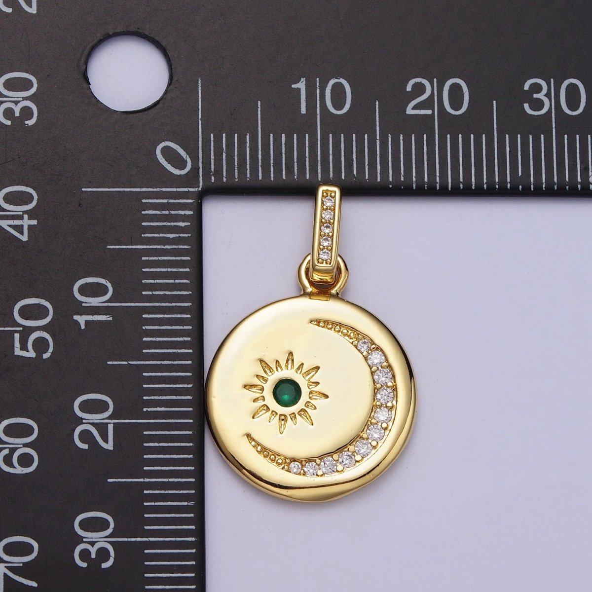 24K Gold Filled Celestial Sun Crescent Moon Micro Paved CZ Round Pendant H-353 - DLUXCA