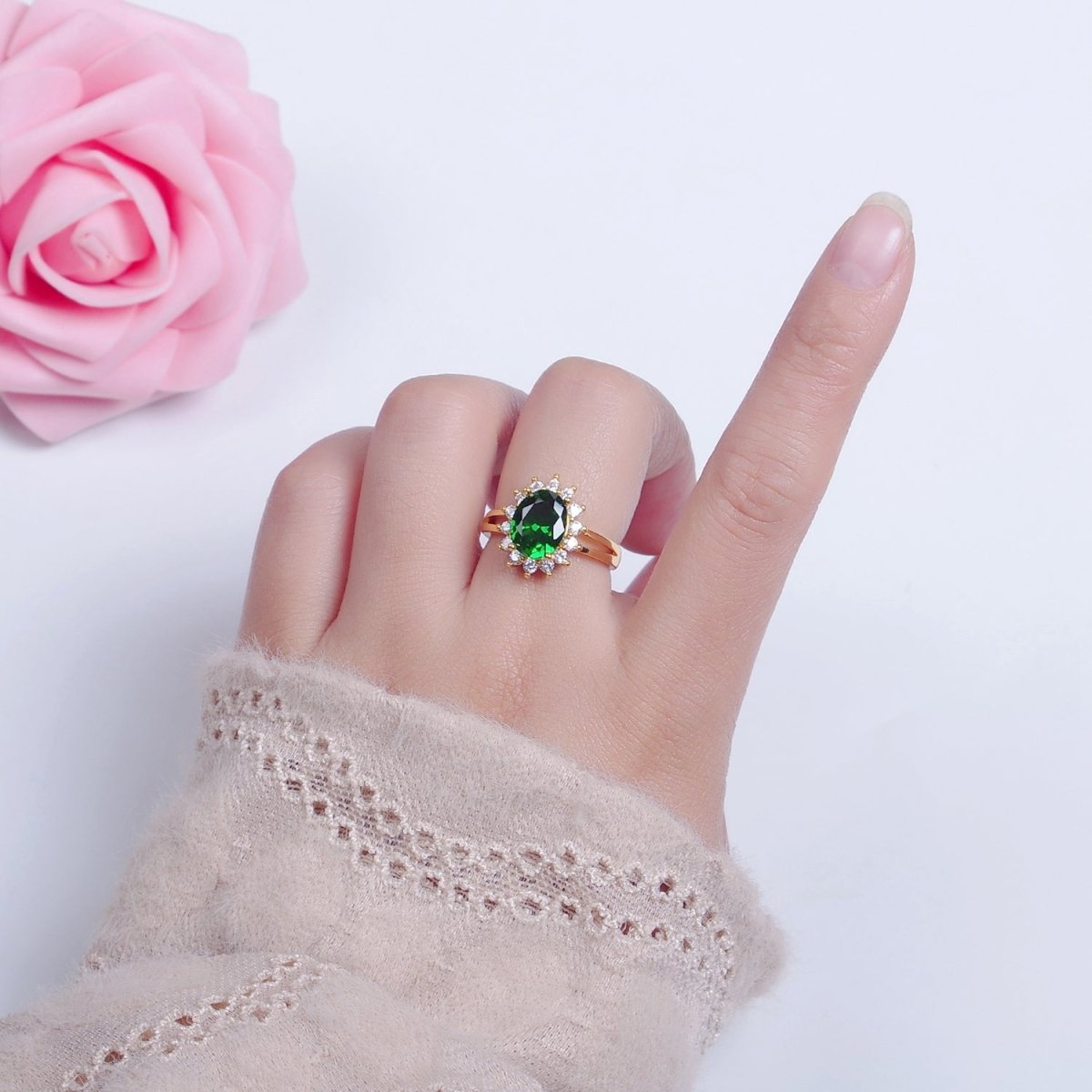 24K Gold Filled Celestial Sun Ring with Oval Emerald Green Cubic Zirconia CZ O-2300 - DLUXCA