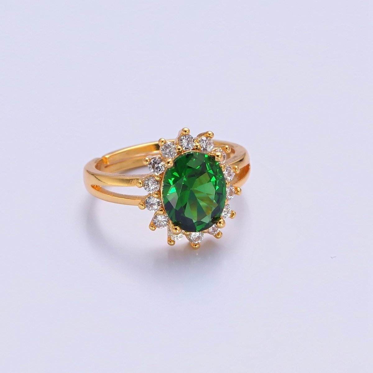 24K Gold Filled Celestial Sun Ring with Oval Emerald Green Cubic Zirconia CZ O-2300 - DLUXCA