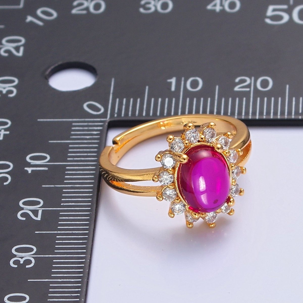 24K Gold Filled Celestial Sun Ring with Oval Fuchsia Jade Stone O-769 - DLUXCA