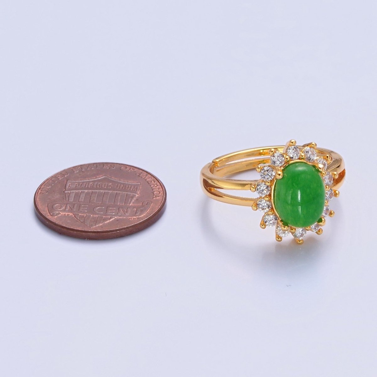 24K Gold Filled Celestial Sun Ring with Oval Green Jade Stone O-763 - DLUXCA