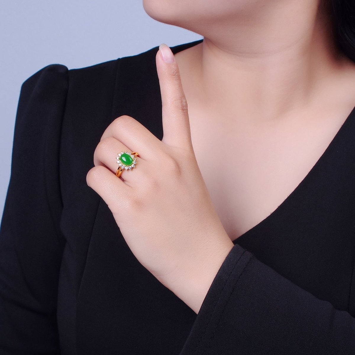 24K Gold Filled Celestial Sun Ring with Oval Green Jade Stone O-763 - DLUXCA