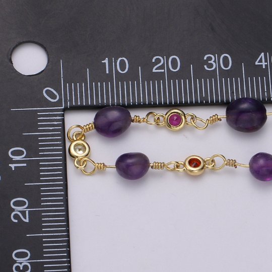 24K Gold Filled Chain by Yard, Amethyst Stone Micro Pave Cubic Round Charm Chain, Semiprecious Jade Gemstone Chain | ROLL-337 Clearance Pricing - DLUXCA