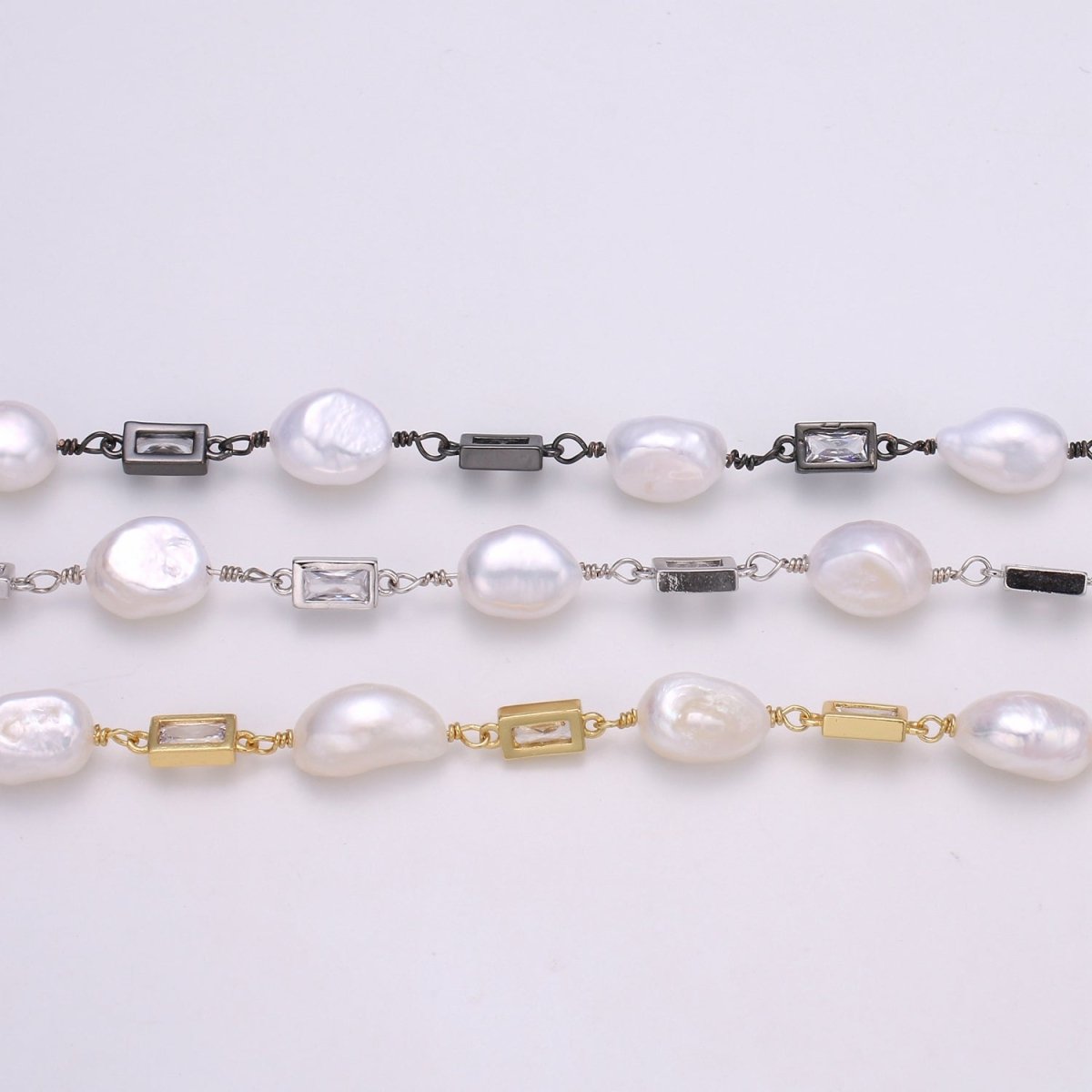 24K Gold Filled Chain by Yard, Baroque Pearl Micro Pave Clear Cubic Square Charm Chain, White Pearl CZ | ROLL-349, ROLL-350, ROLL-351 Clearance Pricing - DLUXCA