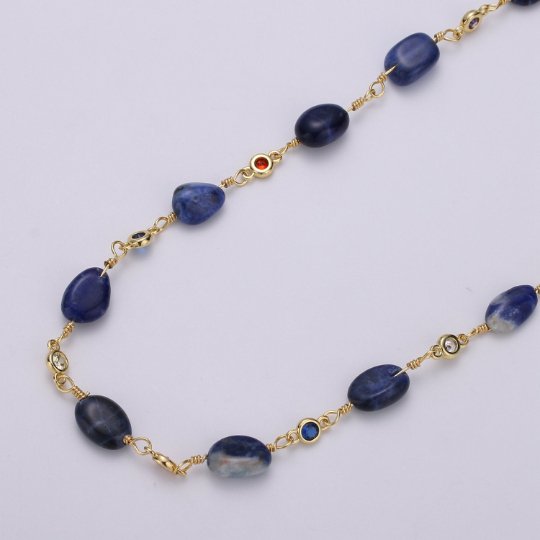 24K Gold Filled Chain by Yard, Blue Sodalite Stone Micro Pave Cubic Round Charm Chain, Semiprecious Stone Royal Blue Beads | ROLL-334 Clearance Pricing - DLUXCA