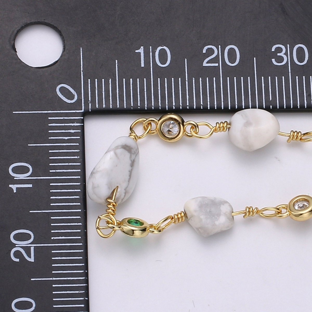 24K Gold Filled Chain by Yard, White Howlite Stone Micro Pave Cubic Round Charm Chain, Semiprecious Opaque Stone Howlite Chain | ROLL-336 Clearance Pricing - DLUXCA
