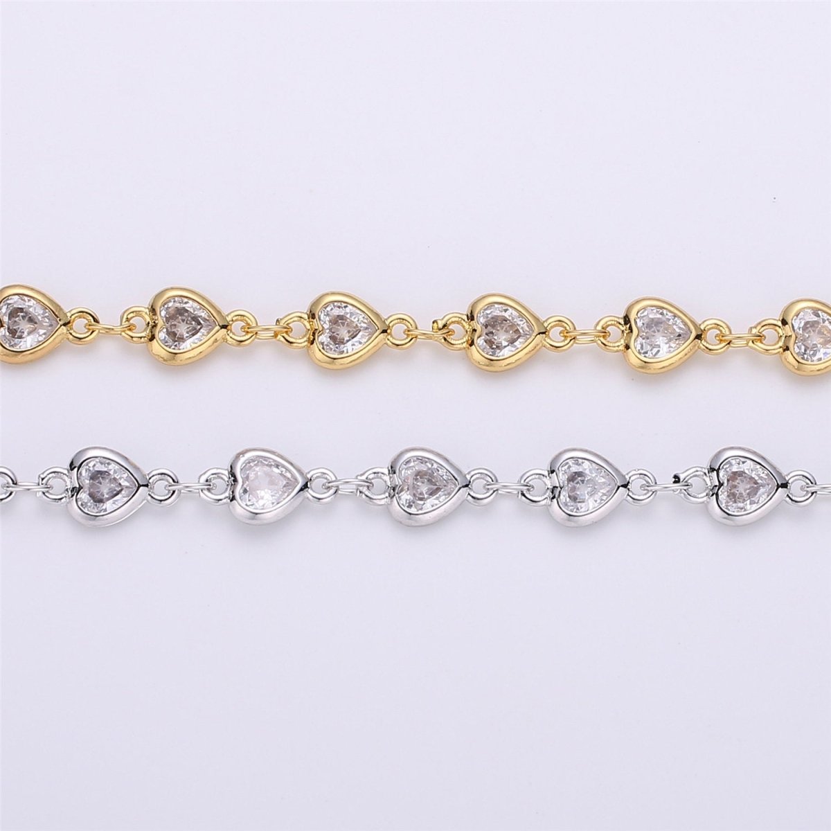 24K Gold Filled Chain Heart CZ Chain by Yard, Bulk Chain By Yard, Cubic Chains, Tiny CZ Chains, Ideal for Lariat Necklace Long Necklace, White Gold Filled, DESIGNED Chain | ROLL-117, ROLL-118 Clearance Pricing - DLUXCA