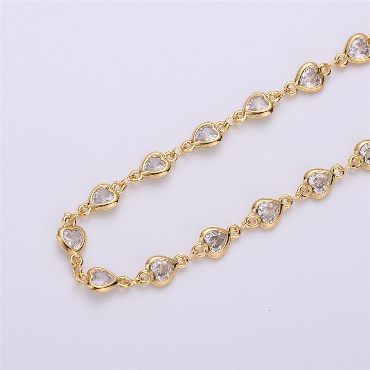 24K Gold Filled Chain Heart CZ Chain by Yard, Bulk Chain By Yard, Cubic Chains, Tiny CZ Chains, Ideal for Lariat Necklace Long Necklace, White Gold Filled, DESIGNED Chain | ROLL-117, ROLL-118 Clearance Pricing - DLUXCA