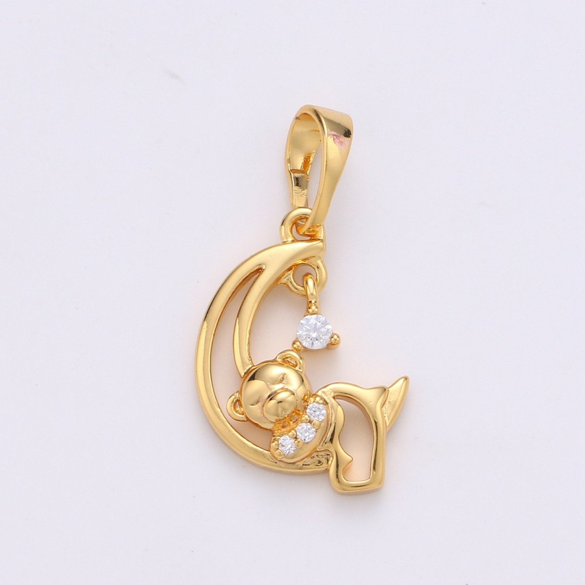 24k Gold Filled Charm Sleeping Teddy Bear On Crescent Moon with Cz Micro Pave Charms for Kids Daughter Necklace Christmas Jewelry Gift IDea J-081 - DLUXCA