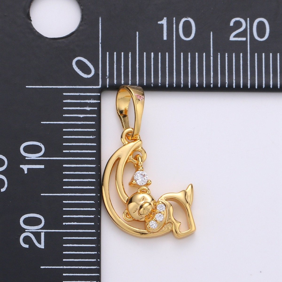 24k Gold Filled Charm Sleeping Teddy Bear On Crescent Moon with Cz Micro Pave Charms for Kids Daughter Necklace Christmas Jewelry Gift IDea J-081 - DLUXCA