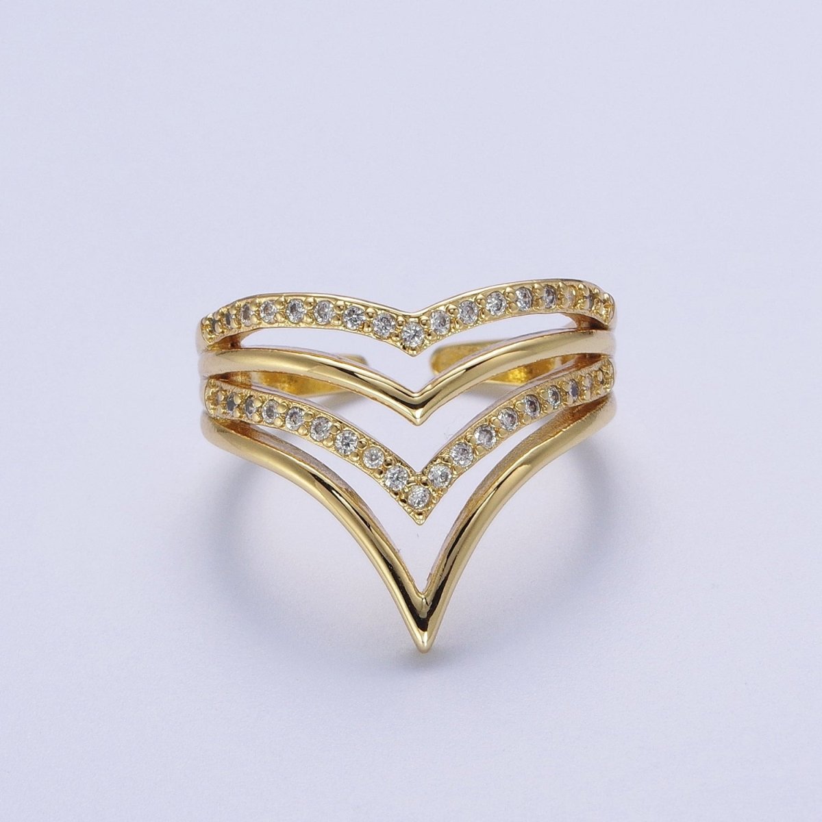 24K Gold Filled Chevron Ring, Multiple Micro Paved Cubic Zirconia Geometric Ring | O-1995 - DLUXCA