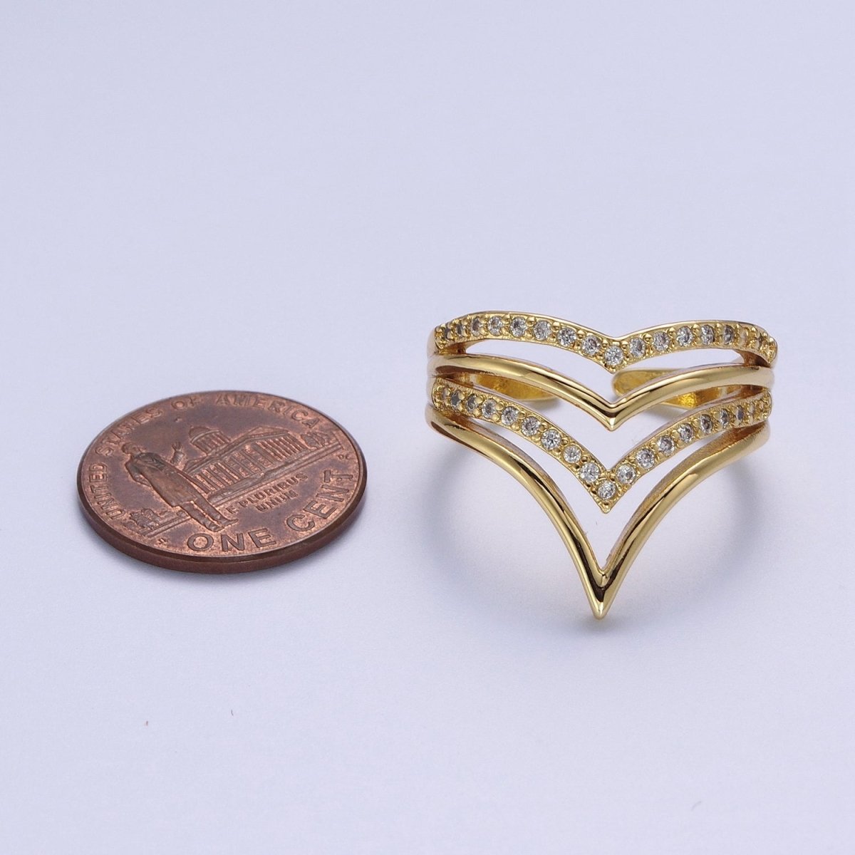 24K Gold Filled Chevron Ring, Multiple Micro Paved Cubic Zirconia Geometric Ring | O-1995 - DLUXCA