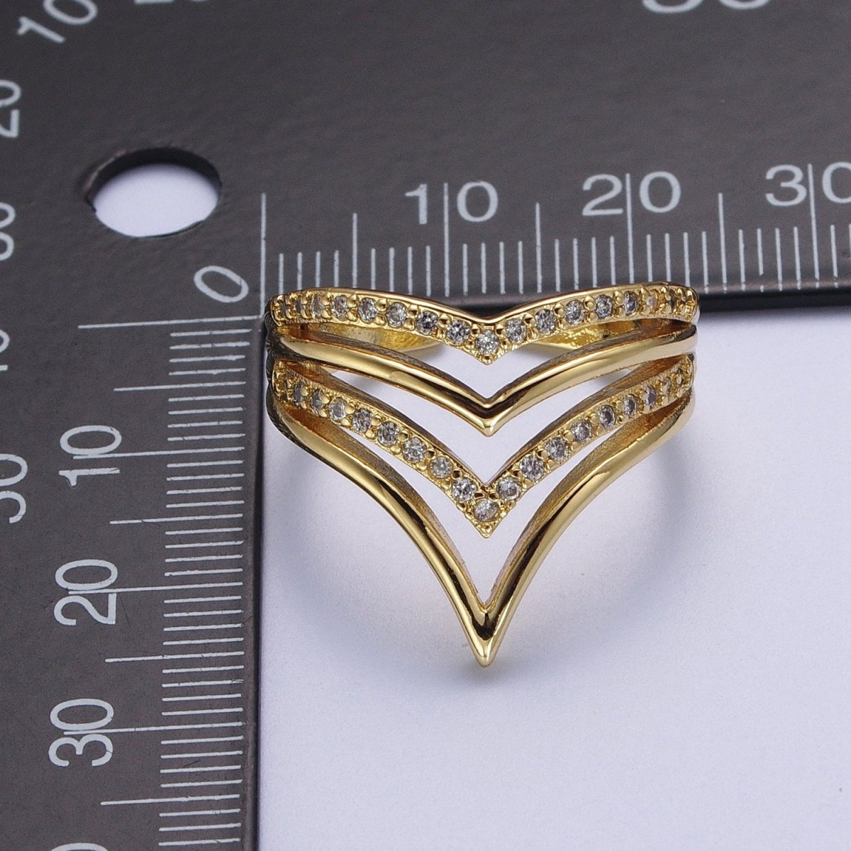 24K Gold Filled Chevron Ring, Multiple Micro Paved Cubic Zirconia Geometric Ring | O-1995 - DLUXCA