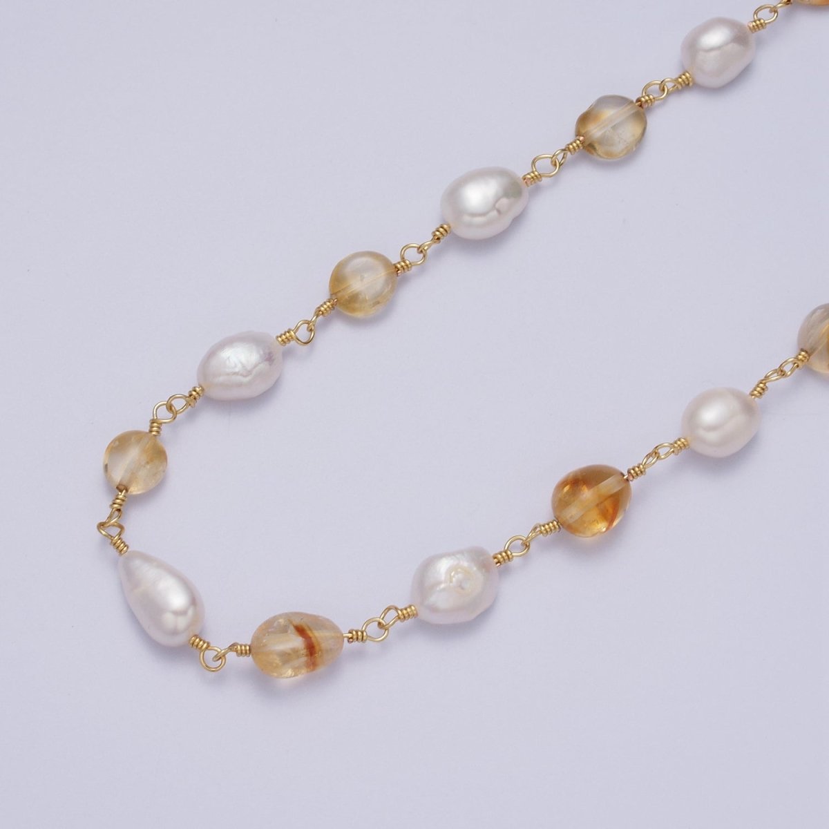 24K Gold Filled Chunky Pearl Gemstone Rose Quartz, Amethyst, Citrine, Moonstone Wire Wrapped Rosary Chain for Jewelry Making Supply | ROLL-1013 1014 1015 1016 1017 Clearance Pricing - DLUXCA