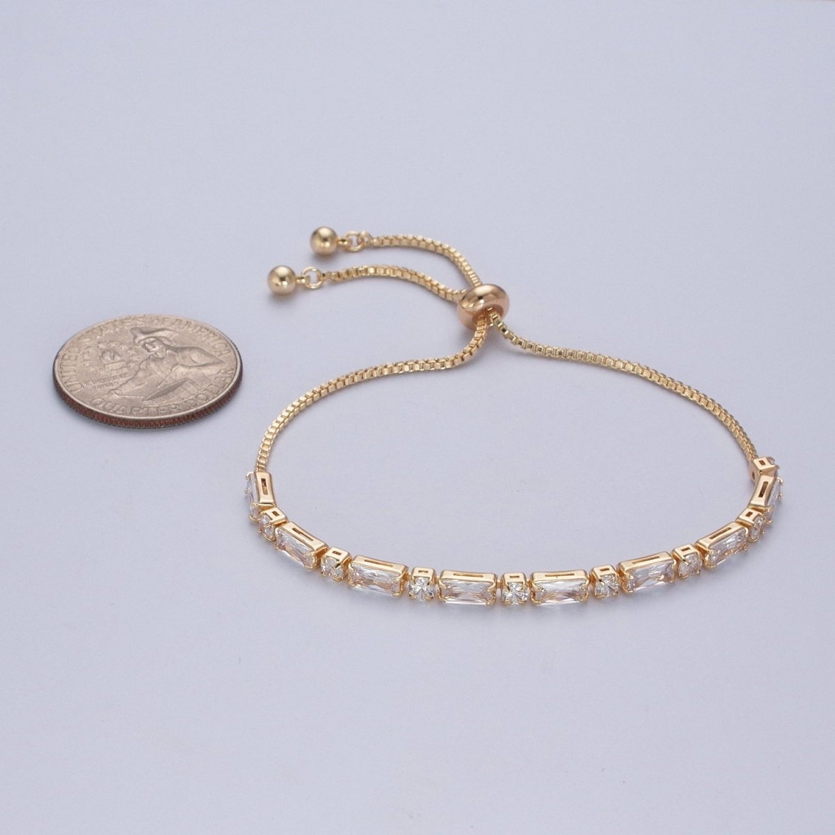 24K Gold Filled Clear Baguette Cubic Zirconia Adjustable Bracelet Chain | WA-1002 - DLUXCA