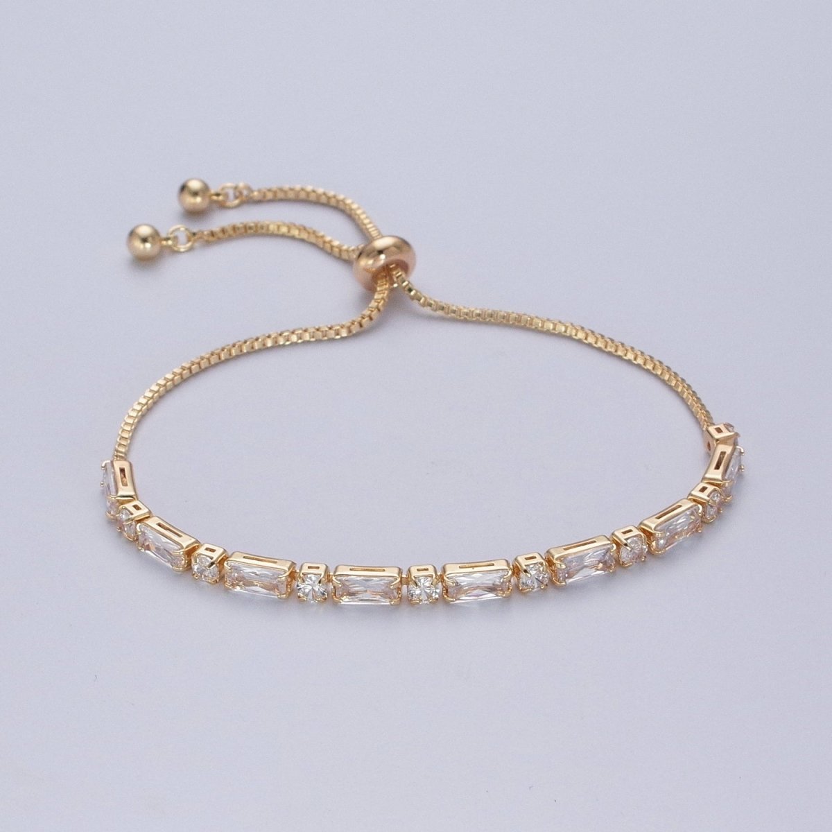 24K Gold Filled Clear Baguette Cubic Zirconia Adjustable Bracelet Chain | WA-1002 - DLUXCA