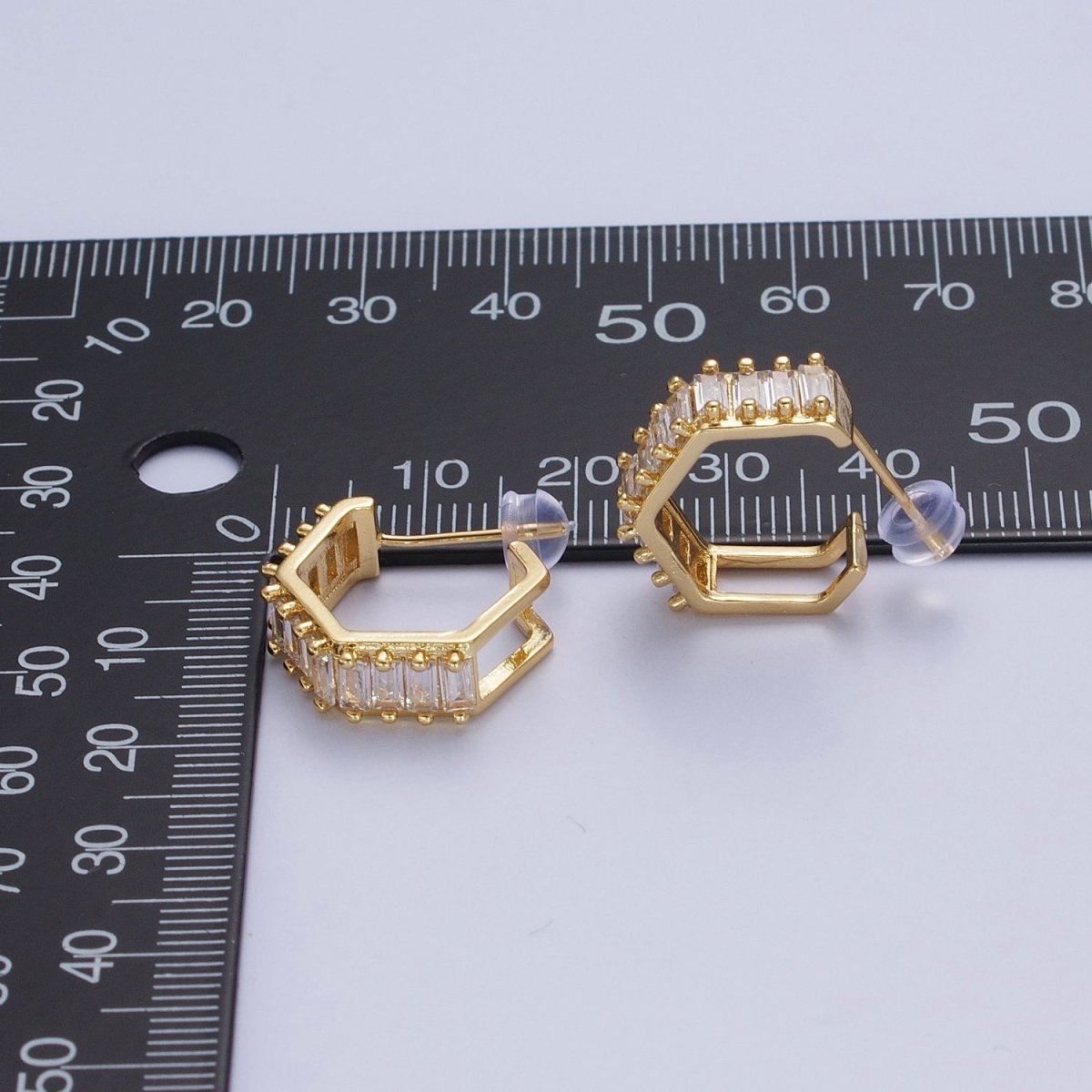 24K Gold Filled Clear Baguette Cubic Zirconia Hexagonal Open C Shaped Double Band Stud Earrings T-132 - DLUXCA
