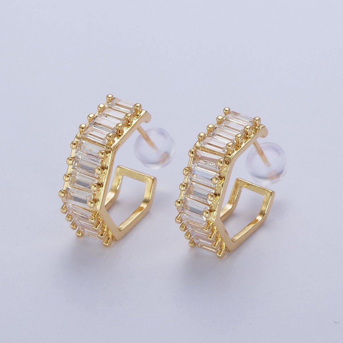 24K Gold Filled Clear Baguette Cubic Zirconia Hexagonal Open C Shaped Double Band Stud Earrings T-132 - DLUXCA