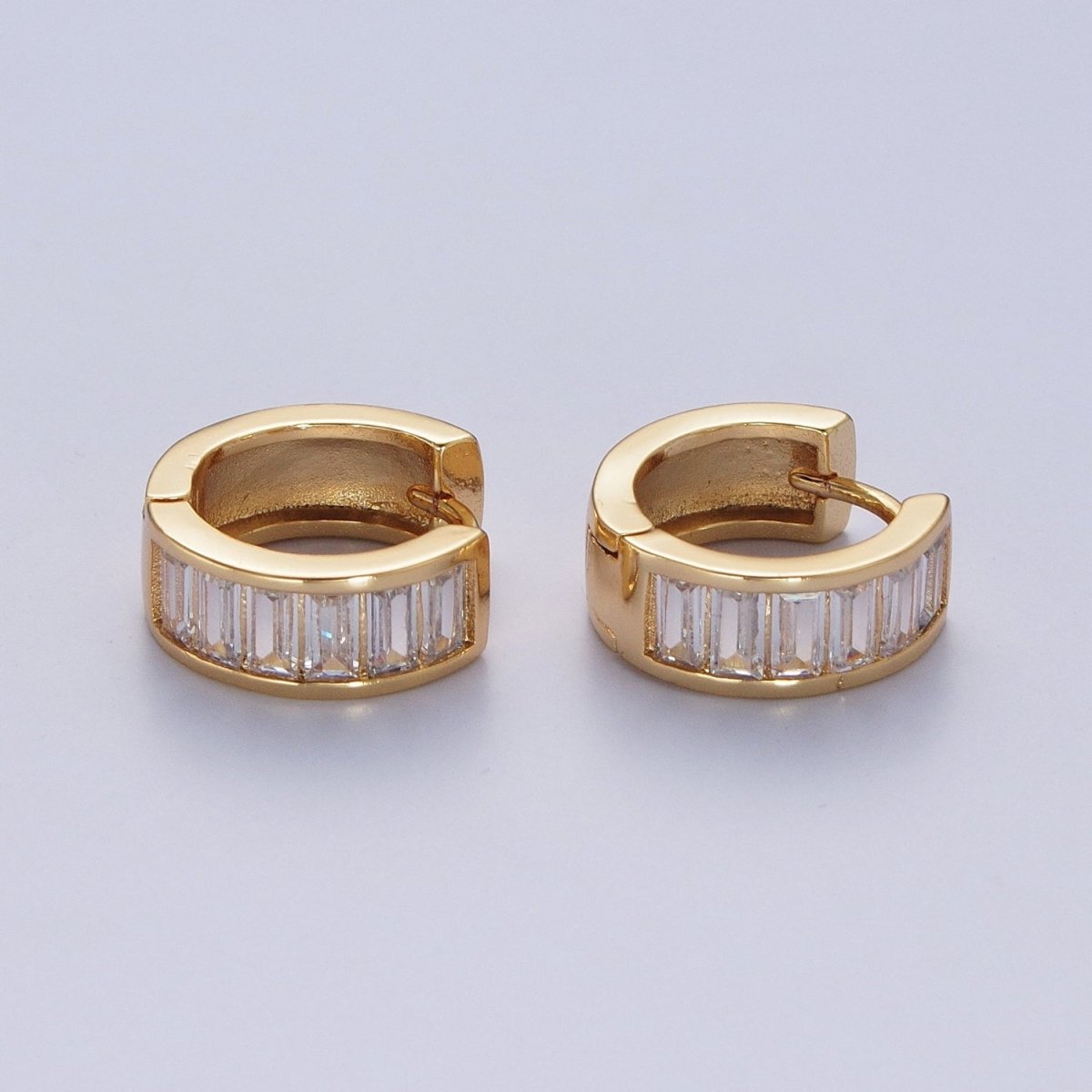 24K Gold Filled Clear Baguette Cubic Zirconia Simple Minimalist Small Hoops Gold Huggies Earrings Q-149 X-829 - DLUXCA