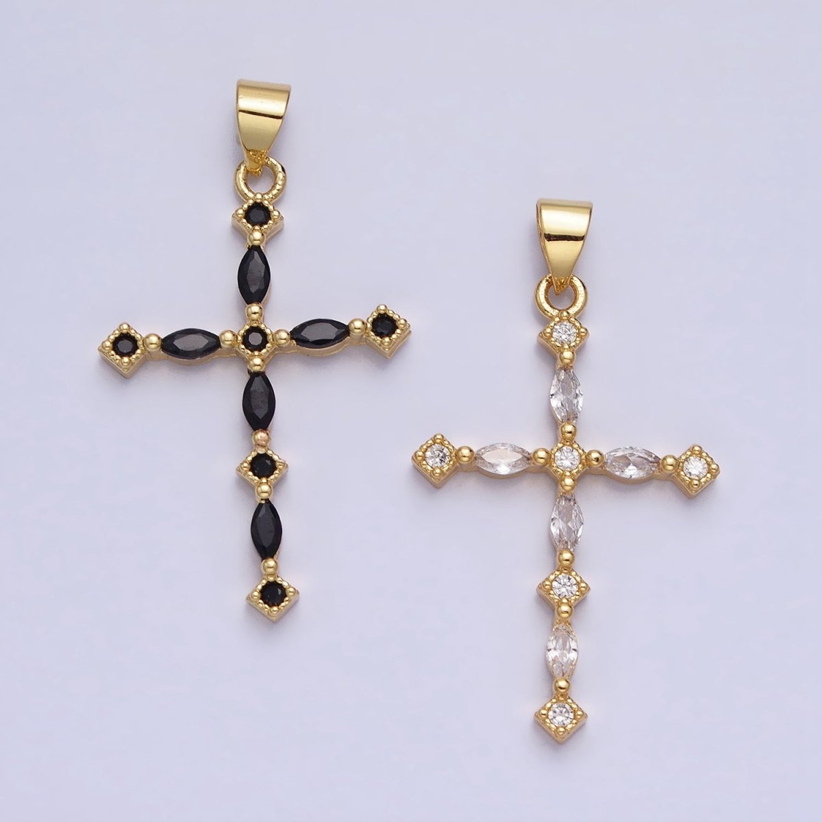24K Gold Filled Clear, Black Marquise CZ Lined Religious Thin Cross | AA-231 AA-232 - DLUXCA
