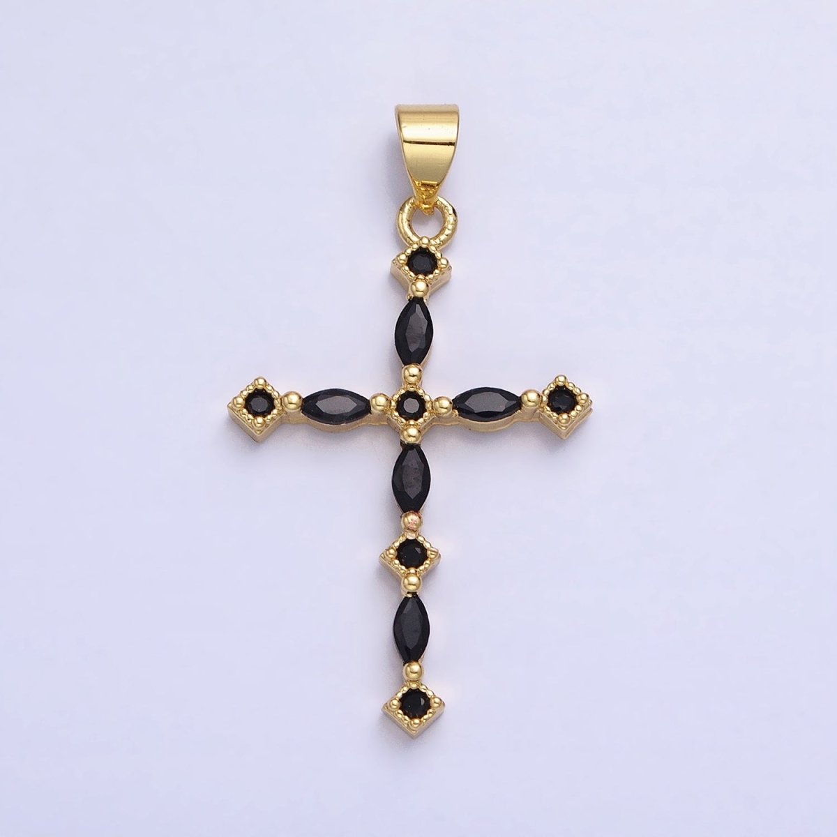 24K Gold Filled Clear, Black Marquise CZ Lined Religious Thin Cross | AA-231 AA-232 - DLUXCA