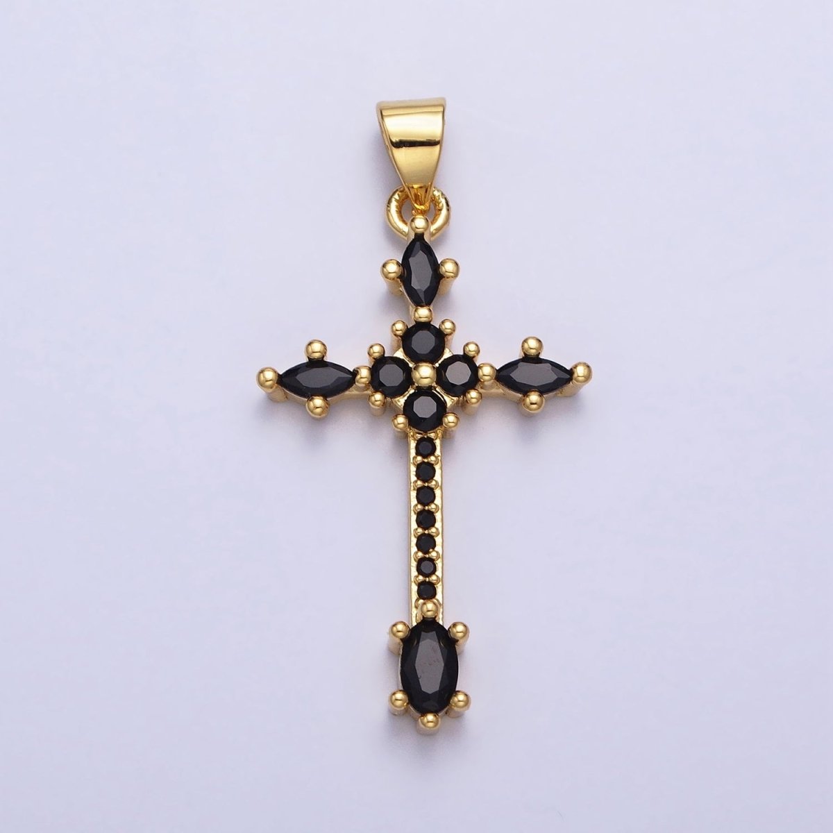 24K Gold Filled Clear, Black Marquise Micro Paved CZ Religious Cross Pendant | AA205 AA209 - DLUXCA