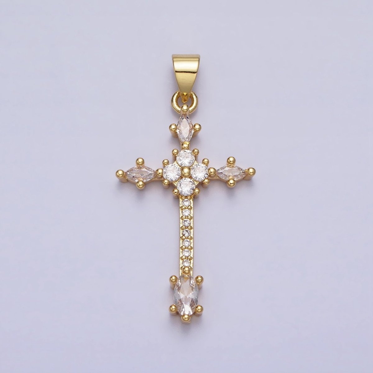 24K Gold Filled Clear, Black Marquise Micro Paved CZ Religious Cross Pendant | AA205 AA209 - DLUXCA
